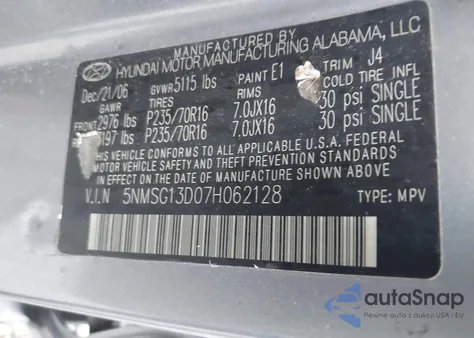 2007 Hyundai Santa Fe Gls из США, поврежденный, VIN 5NMSG13D07H062128